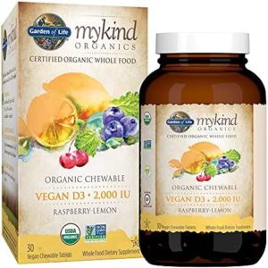 Garden of Life Organic Vitamin D - mykind Organics Vegan D3 Chewable - Raspberry Lemon, 2,000 IU (50mcg) Whole Food Vitamin D3 from Lichen Plus Food & Mushroom Blend, Gluten Free, 30 Chewable Tablets