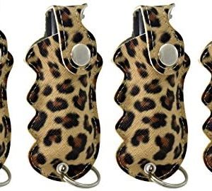 Pepper Defense 4-Pack PD-2L Pepper Spray Keychain w/ Finger Grip Holster for Aim & Accuracy - Maximum Strength 10% OC Police Grade Formula - Emergency Non Lethal Self Defense (Leopard (4-Pack))