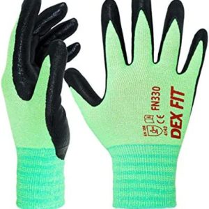 DEX FIT Nitrile Work Gloves FN330; Firm Non-Slip Grip; Thin & Lightweight; Durable & Foam Coated; Touchscreen Compatible; 3D-Comfort Fit; Machine Washable, Green XS (6) 3 Pairs