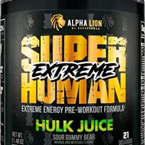 Alpha Lion Superhuman Extreme, Extreme Energy Pre-Workout Formula, Intense, Sustained Energy and Focus, Elevated Nitric Oxide, Maximum Pumps & Nutrient Delivery (21 Servings, Hulk Juice)