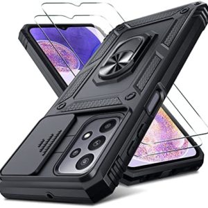Samsung Galaxy A23 5G/4G Case Built in Slide Camera Lens Cover and Screen Protector,Heavy Duty Shockproof Full Body Protective Phone Cover,Built in Finger Ring Stable Holder Kickstand,2022 Black