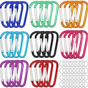 H&W 1.8'' 32pcs Small Aluminum Carabiner D Ring 8 Colors, Durable Spring-Loaded Gate Carabiners Clips Hook, Sport Accessories, with Gift Steel Rings 32pcs, for para-Cord Crafts