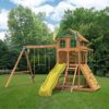 Gorilla Playsets 01-1066-Y Outing Wood Swing Set with Wood Roof and Trapeze Arm - Yellow Slide - Image 2