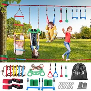 50FT Ninja Warrior Obstacle Course for Kids, 8 Sturdy Obstacles with 2 Slacklines, 4-in-1 Outdoor Playset with Swing, Trapeze Swing, Climbing Ladder - Gift for Girls & Boys