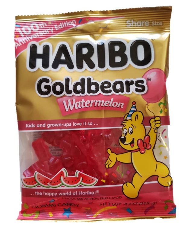 Haribo Of America Goldbears Gummi Candy 100th Anniversary All Watermelon Gummy Bears Limited Edition Fan Favorite 4oz, 4 Ounce (Pack of 1)