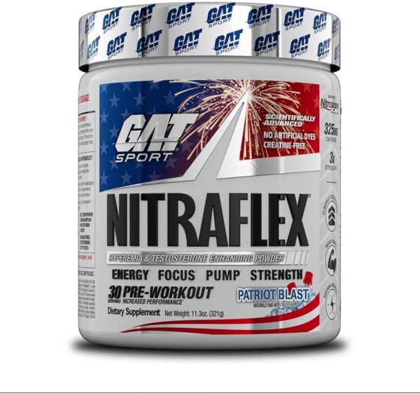 GAT Sport, Nitraflex Advanced Pre-Workout Powder, Increases Blood Flow, Boosts Strength and Energy, Improves Exercise Performance, Creatine-Free (Patriot Blast, 30 Servings)