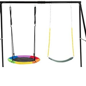 Simply Cones Saucer Swing Set for Kids - 440lbs Max Weight Capacity, Indoor & Outdoor Play Set with Round Swing & Regular Swing Seat - Heavy Duty Steel A-Frame, Easy to Assemble, Accessories Included