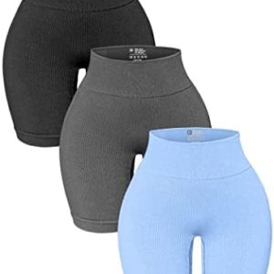 OQQ 3 Pack High Waisted Yoga Shorts for Women Ribbed Seamless Tummy Control Workout Athletic Shorts