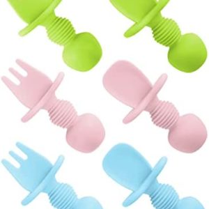 6 Pcs Silicone Baby Spoons First Stage and Baby Fork, Toddler Utensils for Baby Led Weaning, Chewable Baby Utensils for Self-Feeding