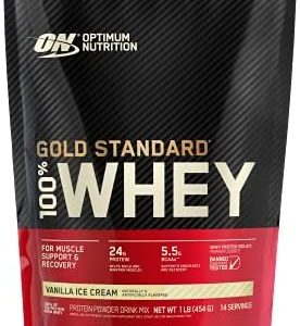 Optimum Nutrition Gold Standard 100% Whey Protein Powder, Vanilla Ice Cream, 1 Pound (Packaging May Vary)