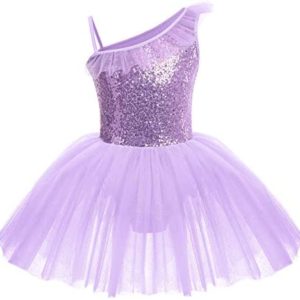 IDOPIP Girls Sequins Ruffle One Shoulder Ballet Dance Dress Tutu Skirted Leotard Ballerina Dancewear Costume for Toddler Kids