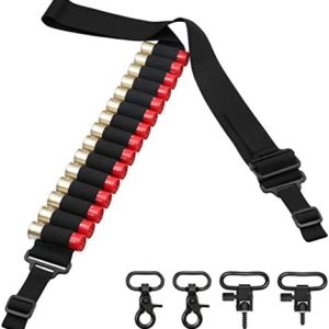 Bedone Shotgun Sling with 15-Round(12 Gauge) Shellholder, Metal Hooks and Mil-Spec Swivels Adapters(Studs Included), Adjustable Strap Length Gun Sling for Shotgun Hunting