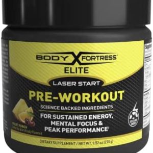 Body Fortress Elite Laser Start Pre-Workout Powder, ZümXR Caffeine for Sustained Energy, Beta-Alanine for Boosted Intensity, Key Electrolytes Promote Hydration, Keto Friendly, Fruit Punch, 30 Servings
