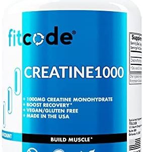 Fitcode Creatine1000, 1 Gram of Pure Creatine Monohydrate in Each Serving, Veggie Capsules (30 Servings)