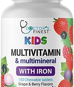Doctors Finest Multivitamin & Multimineral with Iron Chewables for Kids – Vegetarian – Gluten Free Vegetarian – Great Tasting - Natural Flavored Pectin Chews with Vitamins A, B, C, D & E – 150 Count