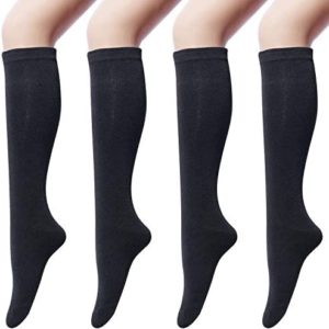 4 Pairs Women's Cotton Knee High Socks, Casual Solid Knit Knee Socks