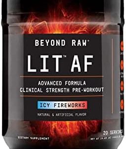 Beyond Raw LIT AF | Advanced Formula Clinical Strength Pre-Workout Powder | Contains Caffeine, L-Citruline, and Nitrosigine | ICY Fireworks | 20 Servings
