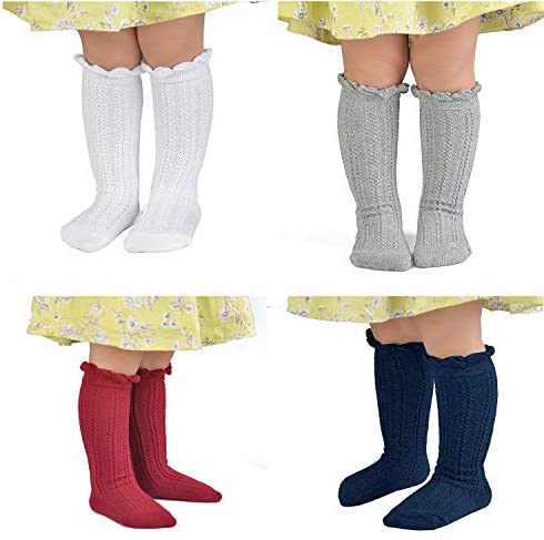 EPEIUS Baby Girls Knee High Socks Cotton Uniform Socks Tube Ruffled Stockings Newborn Infant Toddler (Pack of 3/5) - Image 2