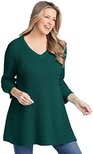 Woman Within Women's Plus Size V-Neck Shaker Trapeze Sweater