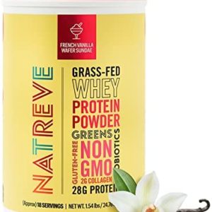 Natreve Whey Protein Powder - 28g Grass-Fed Whey Protein with Amino Acids, Probiotics & Collagen - Gluten Free French Vanilla Wafer Sundae, 18 Servings