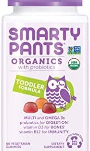 SmartyPants Organic Toddler Multivitamin, Daily Gummy Vitamins: Probiotics, Vitamin C, D3, Zinc, & B12 for Immune Support, Energy & Digestive Health, Fruit Flavor, 60 Gummies, 30 Day Supply