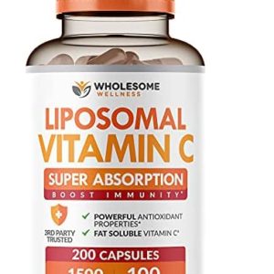 Wholesome Wellness Liposomal Vitamin C Capsules (200 Pills 1500mg Buffered) High Absorption VIT C, Immune System & Collagen High Dose Fat Soluble Support Ascorbic Acid Supplement, Natural Vegan