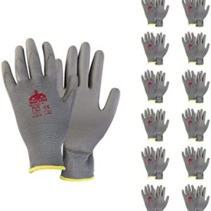 Jack Boss 12 Pairs Safety Work Gloves for Men & Women With PU Coated Grip On Palm & Fingers Seamless Knit Working Gloves