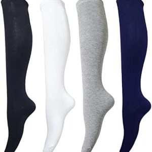 Tom & Mary Women’s Knee High Socks, Combed Cotton (86%), Non-Slip, Stretch, Adjusted Calf, Solid Color, Soft, Non See Through (4-Pack) (Assorted)