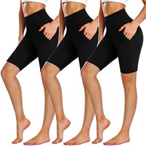 NEW YOUNG 3 Pack Biker Shorts with Pockets for Women High Waisted 8 inch Tummy Control Black Workout Yoga Short Pants