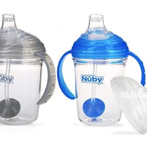 Nuby No Spill 360 Weighted Straw Grip N' Sip Tritan Cup with Hygienic Cover, 8 Oz, Trainer Cup (Blue/Grey)