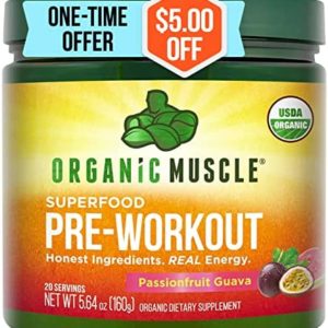 Organic Muscle Natural Pre Workout Powder for Men & Women - USDA Organic Vegan Pre-Workout for Energy, Focus & Stamina - Keto, Non-GMO, Clean Natural Energy Drink Powder - Passionfruit Guava- 20 Serv
