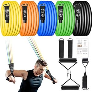 Resistance Bands Set with Large Handles, Natural Exercise Rubber Bands Stackable up to 150 lbs, Comes as a Set of 5, Fitness Workout Bands with Ankle Straps, Door Anchor Attachment, Carry Bag
