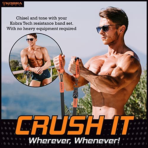 Kobra Tech Exercise Resistance Bands – Full kit Adjustable Set of 4 Latex Workout Bands with Handles & Special Shortening Mechanisms from 10-145 Lbs. Plus a Door Anchor & Bar - Image 5