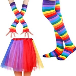 IETANG Womens Rainbow Long Gloves Socks and 3 Layered Tulle Tutu Skirt Party Accessory Set