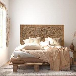 Rectangular King Size Bed Headboard, Wall Mounted Hanging Wooden Panels, Hand Carved Teak Wood Furniture, Rustic Brown color, 76x38 inches
