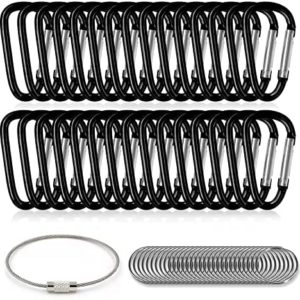 XIECHANEE 30PCS Aluminum Carabiner Clips, 2" D Shape Spring Snap Hooks Carabiner with 30PCS Keyring Keychain Hook