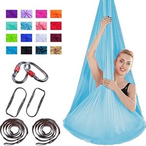 YXCUIDP Yoga Flying Hammock Swing Pilates Body Shaping, Yoga Anti-Gravity Pilates,Fitness Inversion Exercise,Aerial-Yoga Hammock,Silk Fabric with Carabiner Daisy Chain (Color : Light Blue)