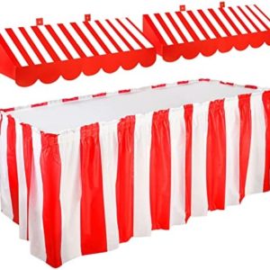 3D Awning Wall Decorations and Stripe Table Skirts Cardboard Awning Tent Decors for Doors Window Classroom Concession Room Carnival Circus Party Decorations (Red White, 3 Pieces)