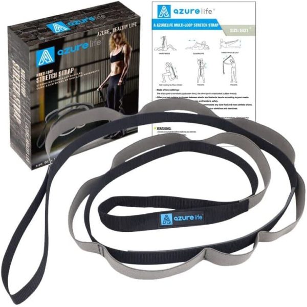 A AZURELIFE Stretch Strap with 11 Loops, Half Elastic Stretching Strap Band - Stretch Tool for Yoga Physical Therapy, Dance and Pilates, Gymnastics, Hamstring Strength Training with Instruction Guide