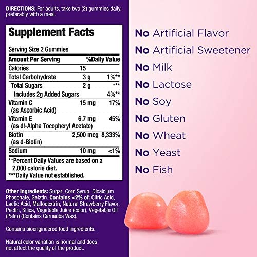 Nature's Bounty Hair, Skin & Nails with Biotin, Strawberry Gummies Vitamin Supplement, Supports Hair, Skin, and Nail Health for Women, 2500 mcg, 140 Ct - Image 6