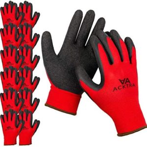 ACKTRA Coated Nylon Safety WORK GLOVES 12 Pairs, Knit Wrist Cuff, Multipurpose, for Men & Women, WG008 Red Polyester, Black Latex, Medium