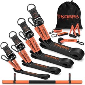 Kobra Tech Exercise Resistance Bands – Full kit Adjustable Set of 4 Latex Workout Bands with Handles & Special Shortening Mechanisms from 10-145 Lbs. Plus a Door Anchor & Bar