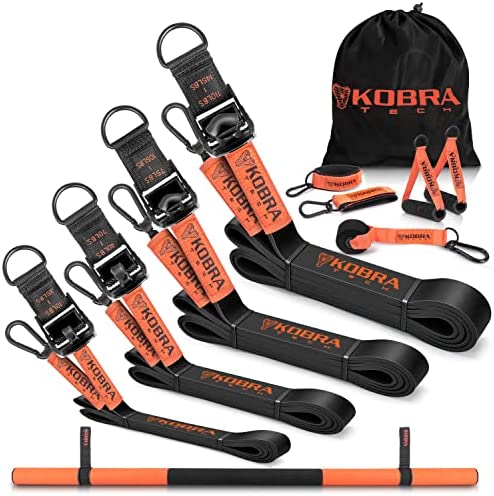 Kobra Tech Exercise Resistance Bands – Full kit Adjustable Set of 4 Latex Workout Bands with Handles & Special Shortening Mechanisms from 10-145 Lbs. Plus a Door Anchor & Bar