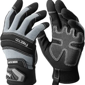 FREETOO Mechanic Work Gloves, [Full Palm Protection] [Excellent Grip] Working Gloves with Padded Leather for Men Women, Knuckle Impact Absorption Breathable Touchscreen gloves for Garden Construction