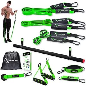 XTREME TECH Resistance Bands Set | Workout Kit with Bar, Handles, Door Anchor, Ankle Straps, Carry Bag, Insert Upto 180LBS for Heavy Exercise Home Gym Fitness Equipment Men & Women, Green