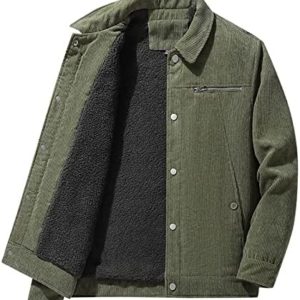 Male Vintage Slim Fit Corduroy Denim Jacket Casual Stand Collar Button Down Fleece Lined Trucker Jacket Outdoor Coat Men