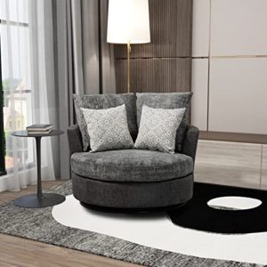 HomSof Accent Barrel Chair 4 Pillows 360 Degree Swivel Round Sofa, Valley Gray+Dark Gray/Bronzing Suede+Chenille