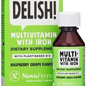 NovaFerrum Delish | Vegan Multivitamin with Iron for Infants, Toddlers & Kids | Organic Plant-Based D-3 | Gluten-Free Certified | Vegan Verified | Sugar-Free | Raspberry Grape | 2 Fl Oz (50 mL)
