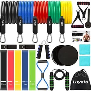 24pcs Resistance Bands Set Workout Bands with 5 Stackable Exercise Bands, 5 Resistance Loop Bands, 2 Core Sliders, Door Anchor, Ankle Straps, Jump Rope,Hand Grip Strengthener