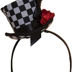 Checkered Mini Top Hat Headband with Feathers & Flower